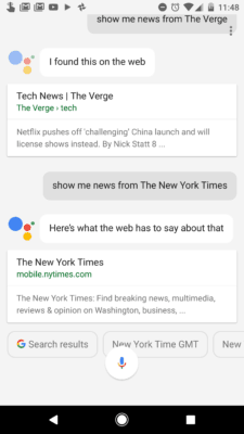 How the Google Assistant on the Google Pixel handles requests for news from specific outlets.
