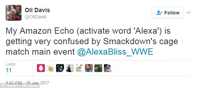 On Twitter, Oli Davis, from London, said he was watching wrestling, including a match featuring an athlete named Alexa Bliss, prompting his device to get 'very confused'