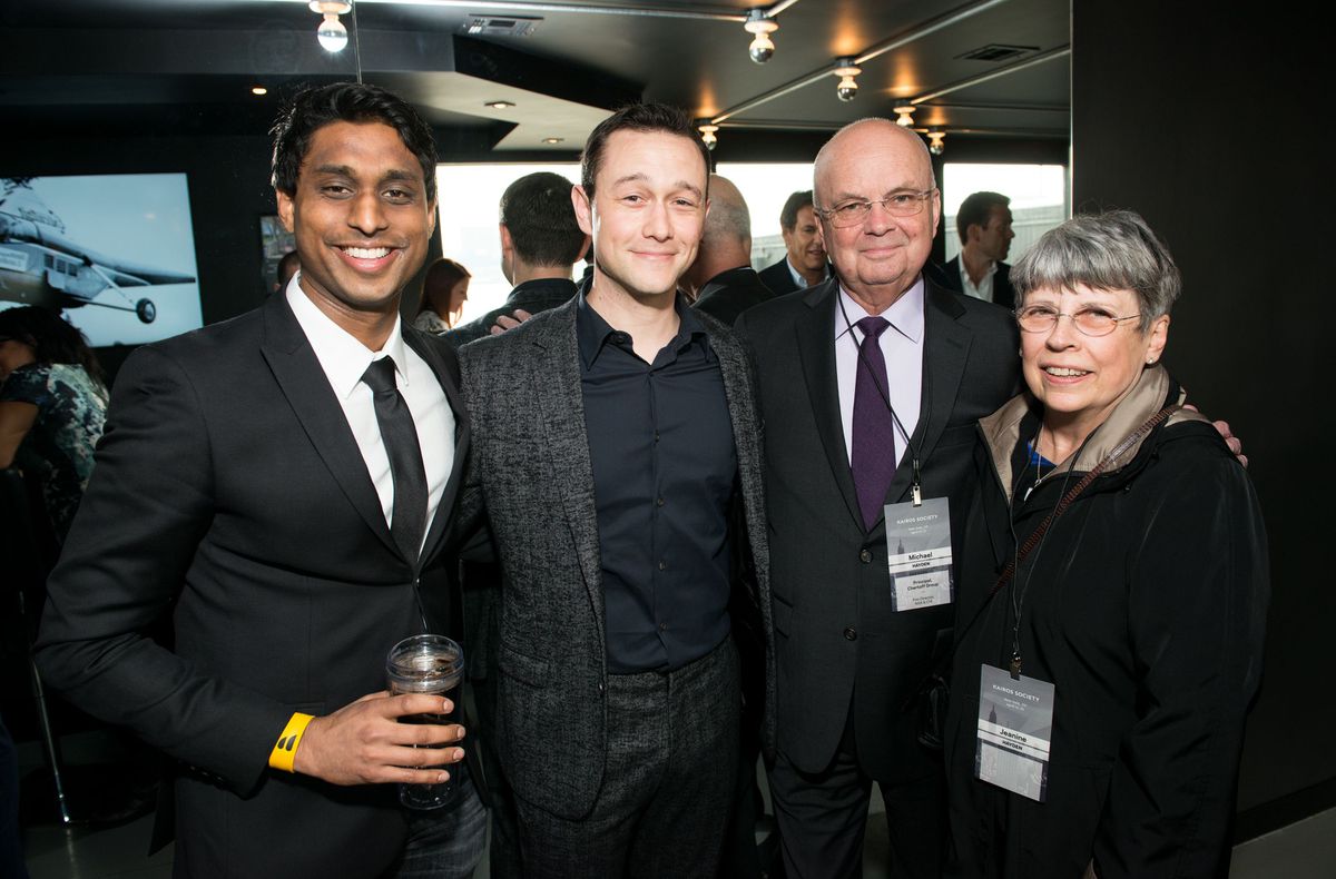 Unlikely meetings are the norm at Kairos events. (L-R) Founder and Chairman of Kairos Society Ankur Jain,  'Snowden' star Joseph Gordon-Levitt, former CIA director Michael Hayden and Jeanine Hayden arrive at Blade Lounge West for their helicopters.