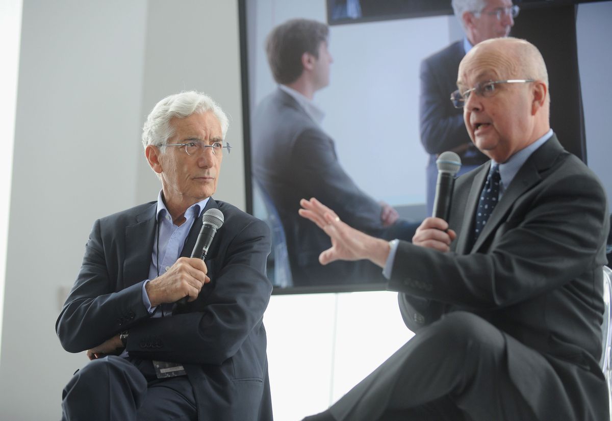 Sir Ronald Cohen (L) and Principal at Chertoff Group Michael Hayden are interviewed onstage at the Kairos Society Global Summit at One World Observatory on April 21, 2017 in New York City.