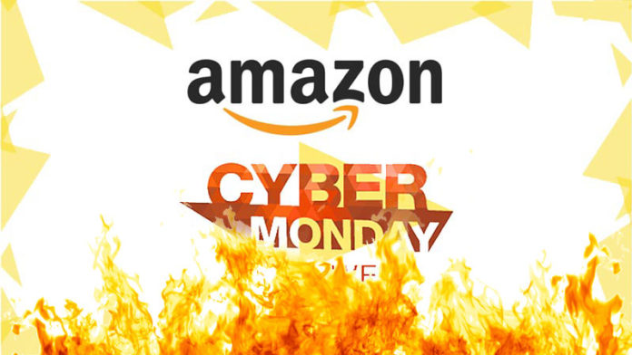 A promotional image of Amazon Cyber Monday with fire effect