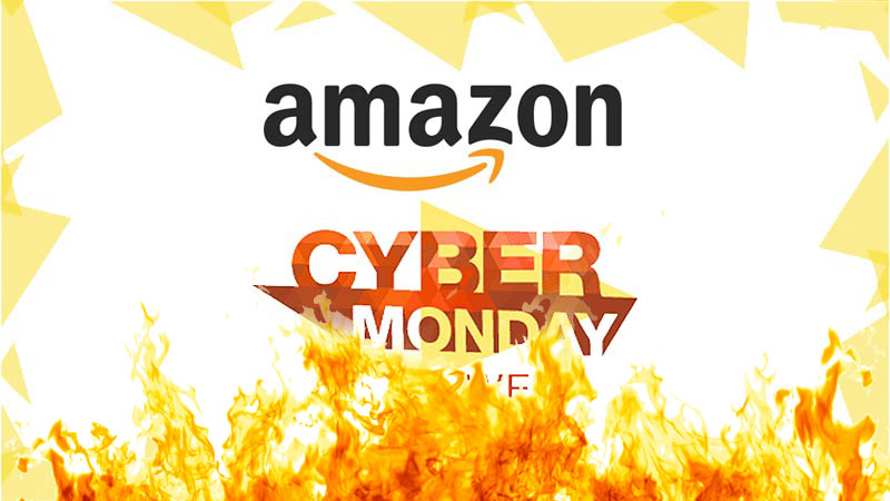 A promotional image of Amazon Cyber Monday with fire effect