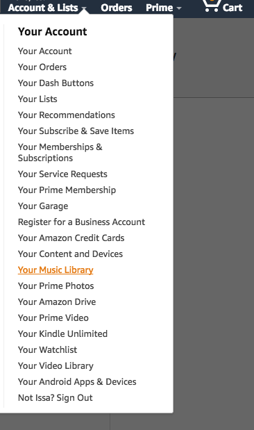 The location of the Amazon Music link in your account menu.