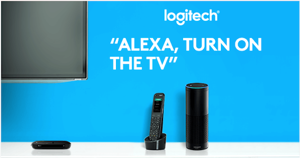 A promotional image featuring a Logitech Harmony and Echo together
