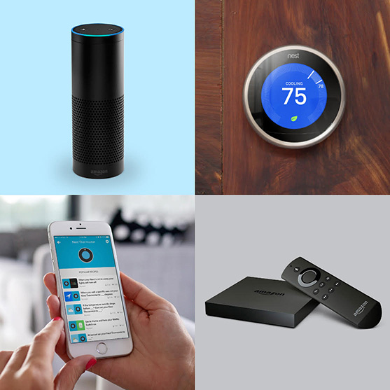 Image of a Nest, Echo, Fire tv, and an Iphone