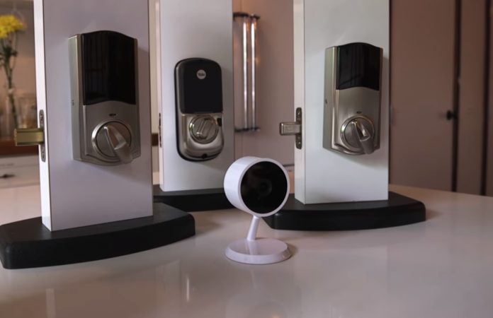 A display of Cloud Cams and Smart locks